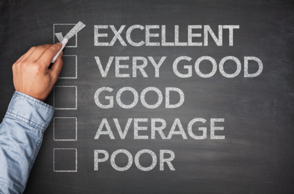 A chalkboard with a checklist written on it, rating 